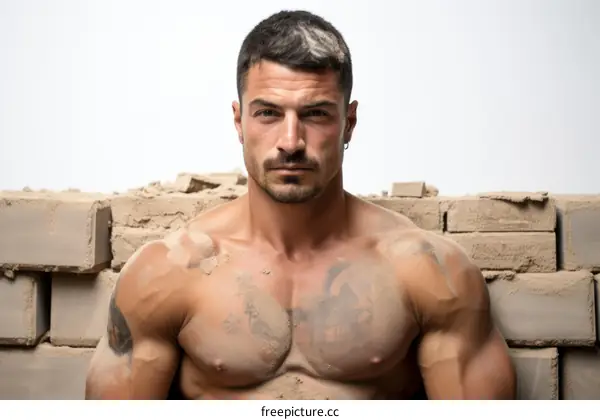 Portrait of a muscular man covered in sand