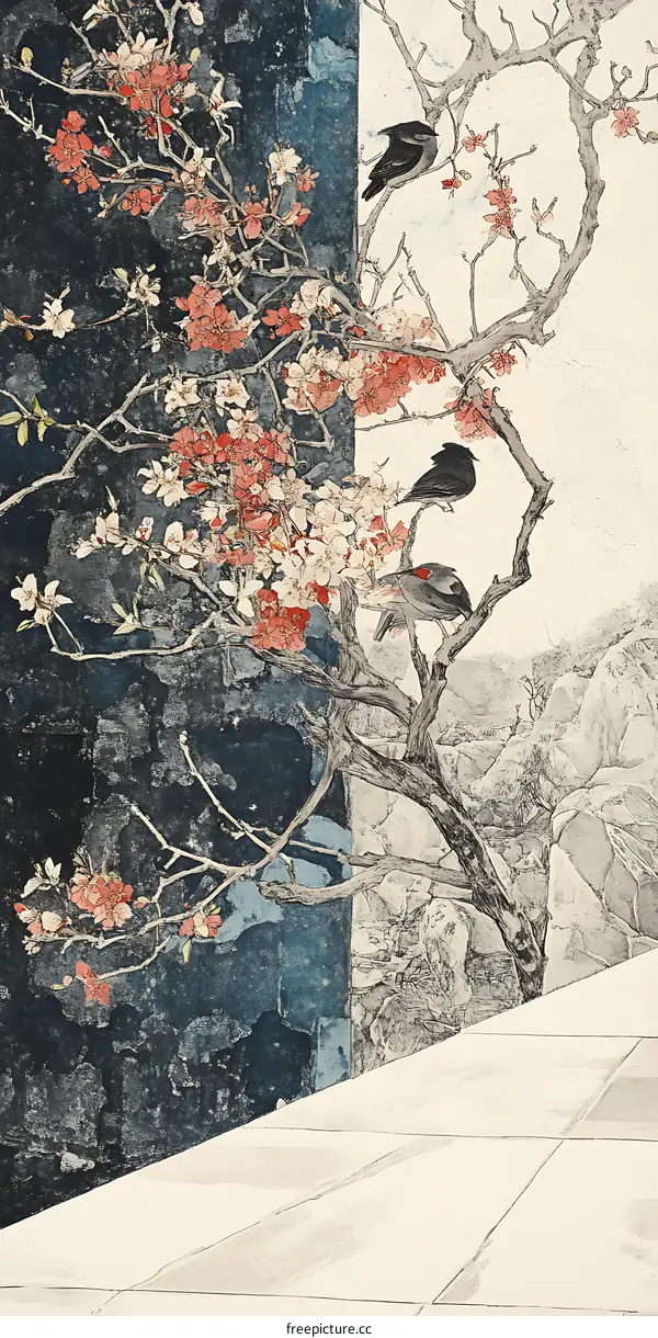 Three Birds Perched on Branch of Blooming Tree in Japanese Style Illustration