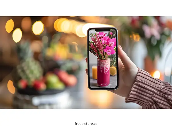 Hand Holding Phone with a Flower Bouquet Image
