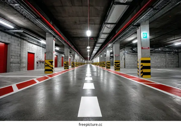 Underground Parking Garage Interior with Red and White Markings