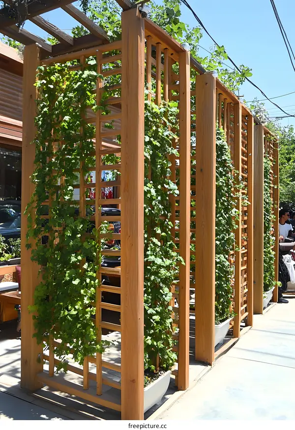 Wooden Lattice Covered with Greenery in a City Setting
