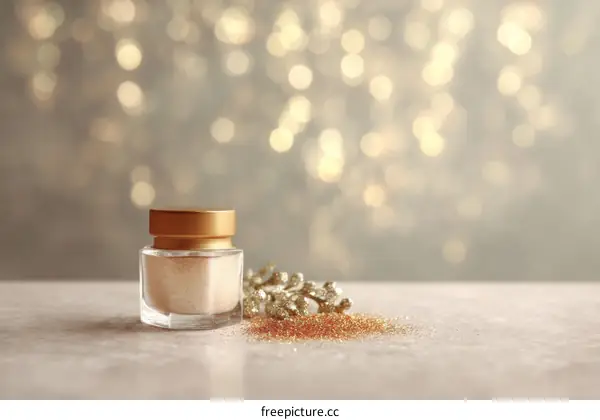 Golden Glitter Cosmetic Jar on a Marble Surface