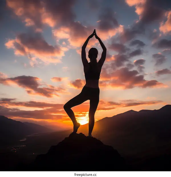 Woman practicing yoga on a mountaintop at sunset
