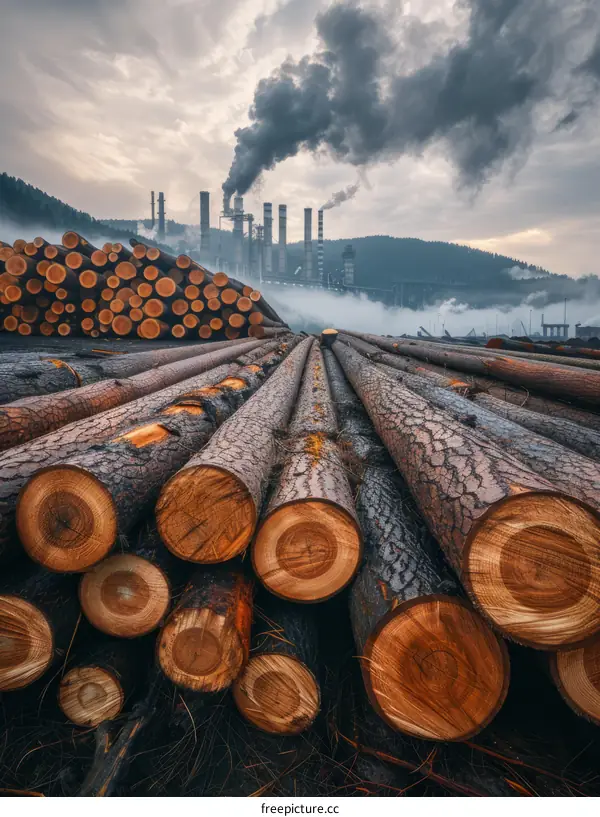 Stacks of pine logs with a factory in the background