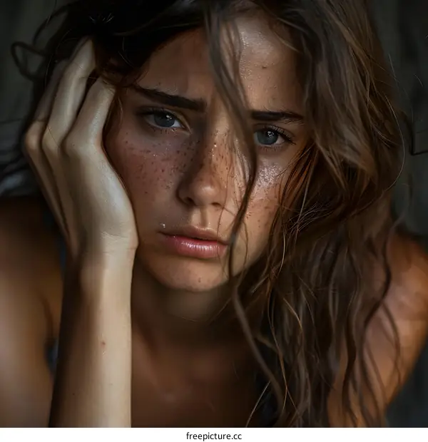 Portrait of a young woman with freckles and brown hair