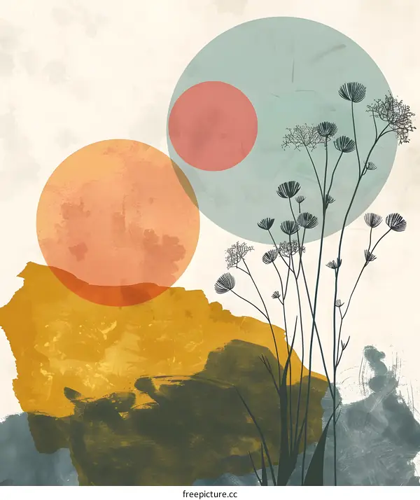 Abstract Art Watercolor Painting With Circle Shapes And Plants