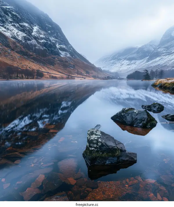 Stunning Scottish Highland Mountain Lake Landscape Reflecting Sky