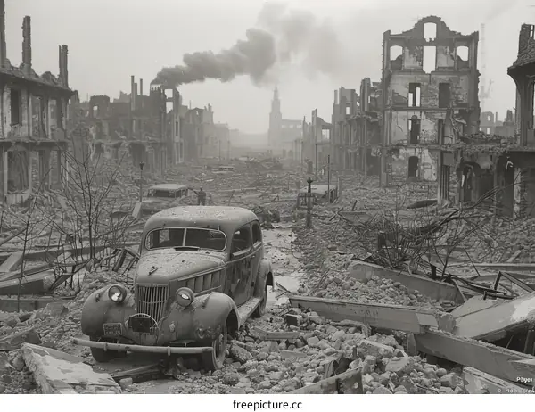 Post-war urban landscape with rubble and abandoned car