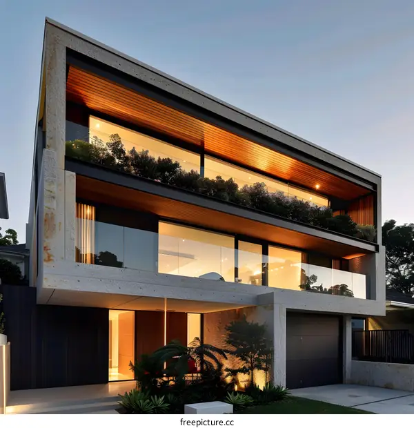 Modern Concrete and Wood House with Large Windows