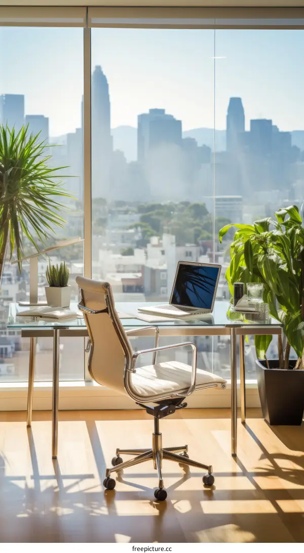 Desk with a laptop and a plant in front of a window with a city view
