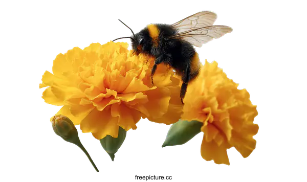 [Transparent Background PNG]Closeup of a Bee on a Beautiful Yellow Marigold Flower