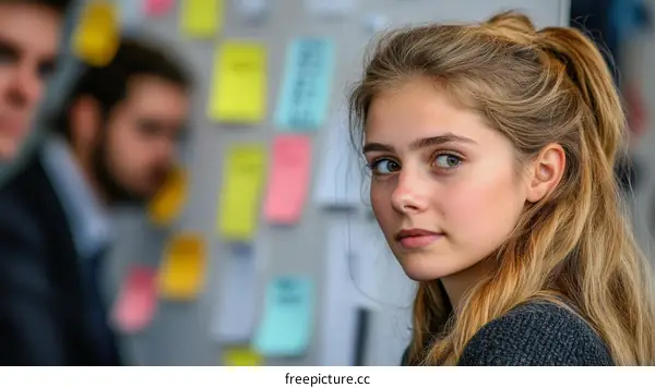 Young Woman with Blonde Hair in Front of Sticky Notes