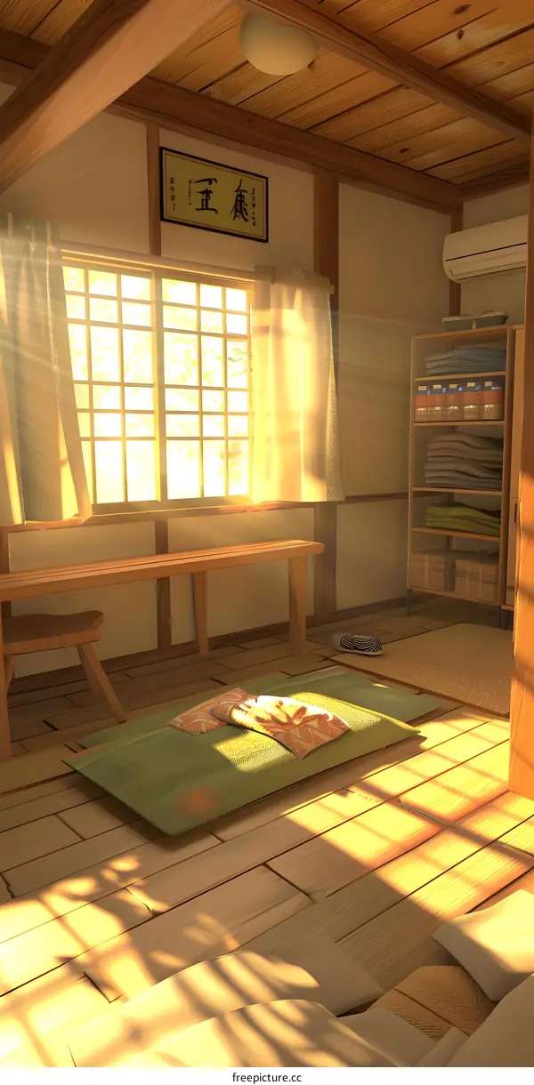 Japanese Style Room with Wooden Floor and Sunlight