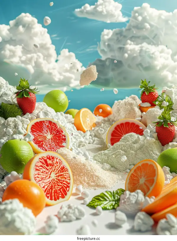 Colorful still life of citrus fruits and berries laying on a pile of sugar