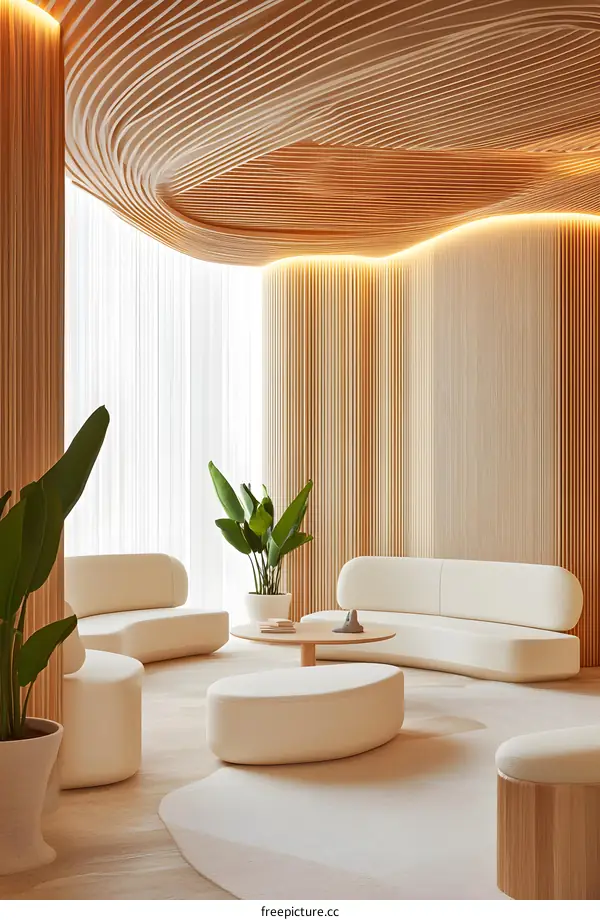 Modern Interior Design With Wooden Ceiling And Curved White Sofa