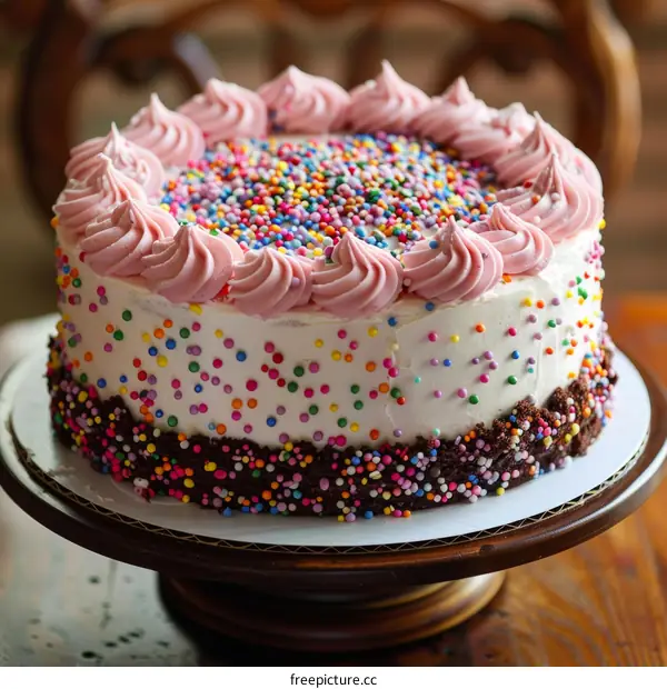 A Pink Frosted Cake Embellished with Rainbow Sprinkles