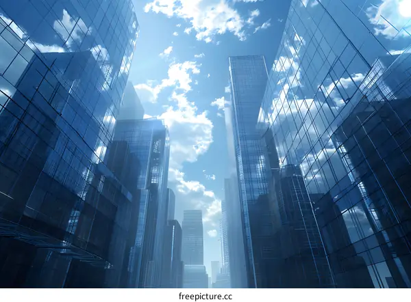 A group of skyscrapers made of reflective glass with a blue sky and white clouds in the background