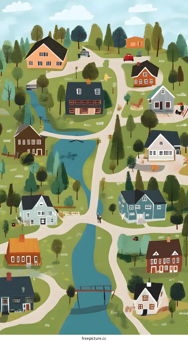 Charming Village Landscape with Houses, River and Couple