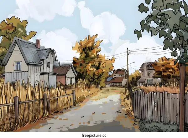 Autumn Landscape Illustration With Houses And A Road