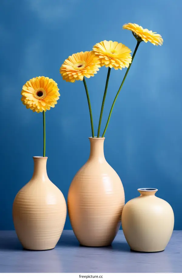 Three yellow gerbera flowers in ceramic vases