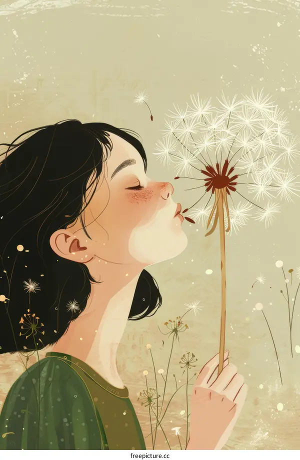 A girl is blowing a dandelion