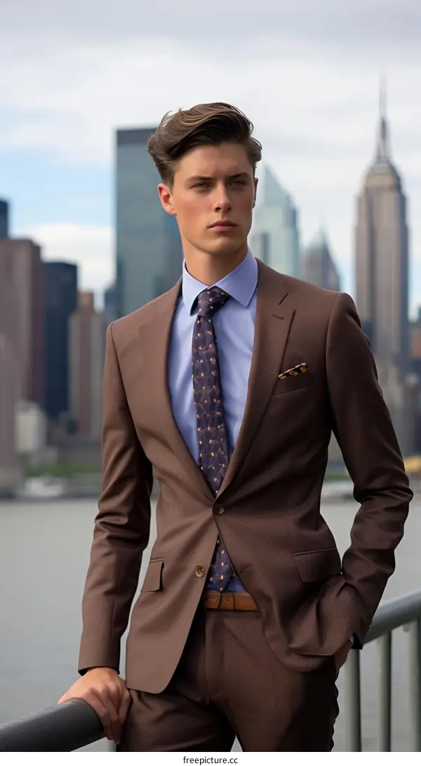 Young man in a brown suit standing in front of a city skyline