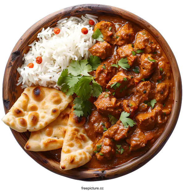[Transparent Background PNG]Chicken tikka masala curry with rice and naan bread