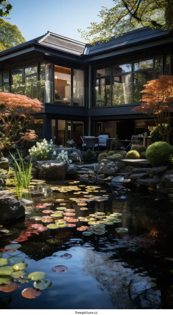Black Modern House With Pond And Garden