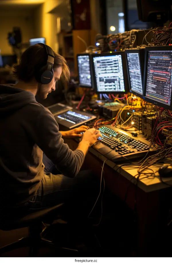 A man works at a computer in a dark room