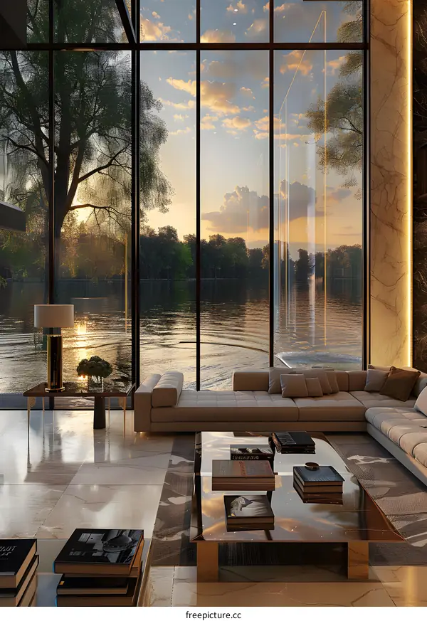Luxury Living Room with Sunset View Over Lake