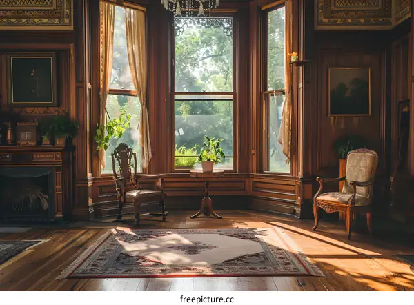 vintage room interior with wooden floor and furniture
