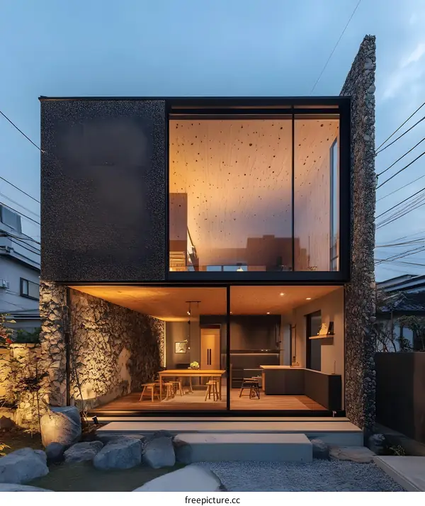 Modern Japanese House with Stone Wall and Large Windows