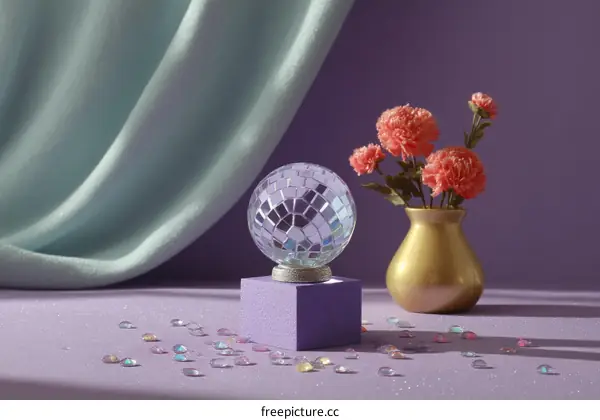 Disco Ball Decorated with Flowers and Fabric Background