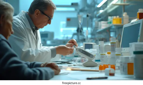 Pharmacist filling prescription for elderly woman