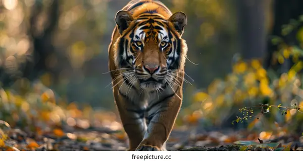 A fierce tiger walks through a forest