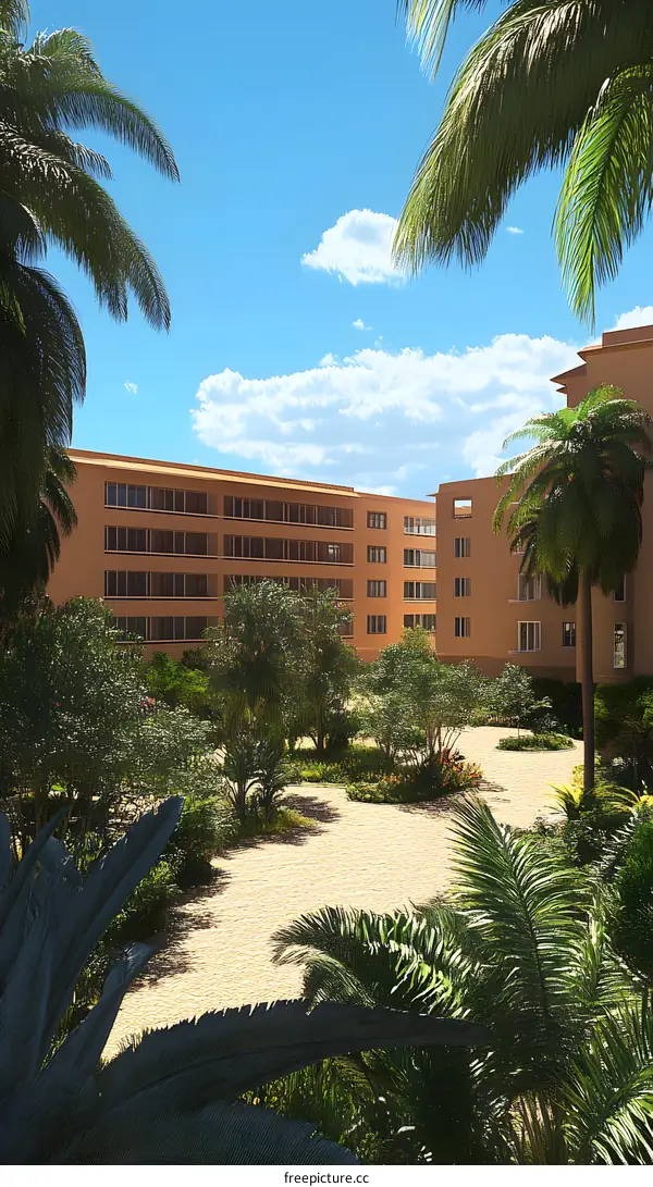 Tropical Resort Building with Palm Trees