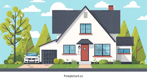 Modern House with White Car and Green Trees