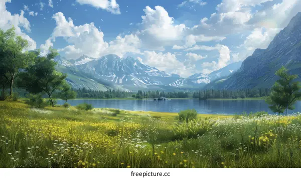 Mountains, Lake and Wildflowers