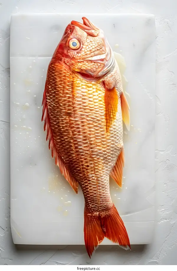 Red fish on a white marble slab