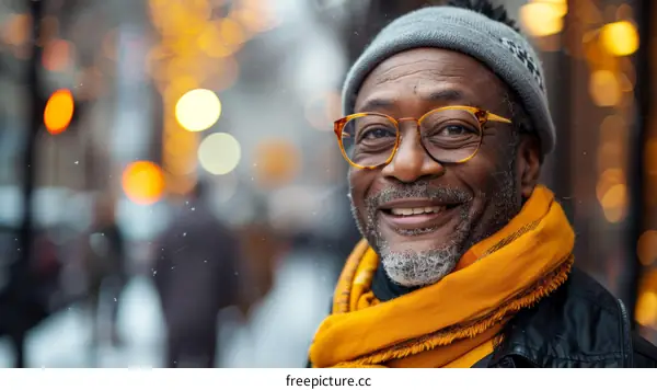 African American Man Smiling Outdoors in Winter