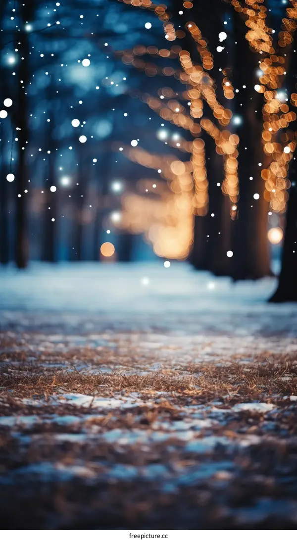 Snowy park with bokeh lights in the background