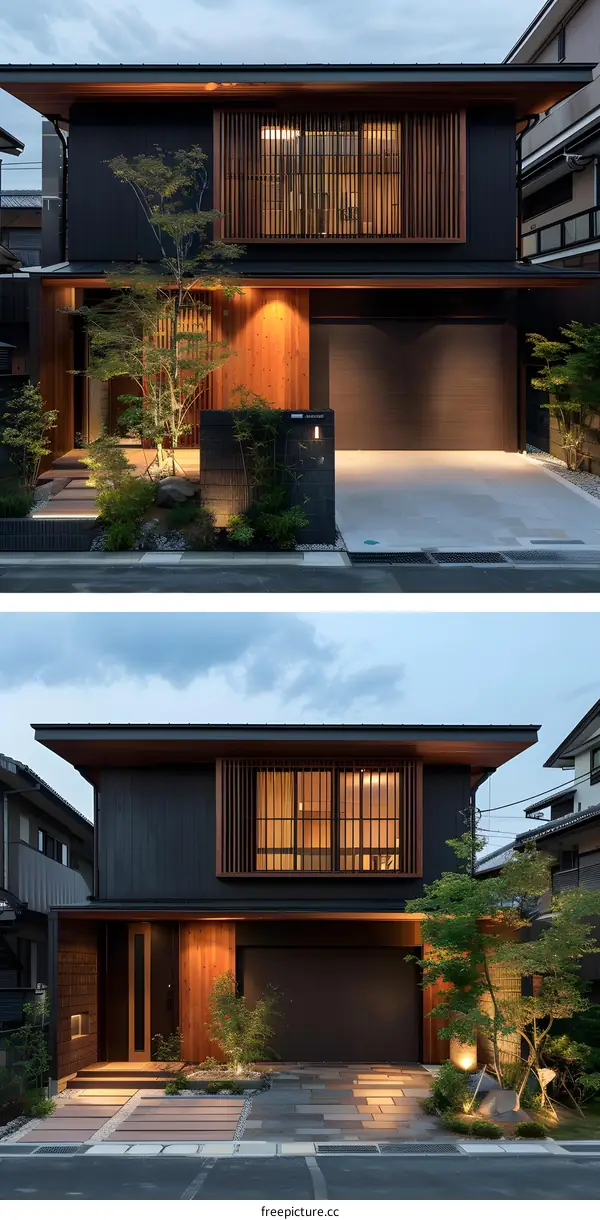 Modern Japanese Home with Wooden Accents and Landscape Design
