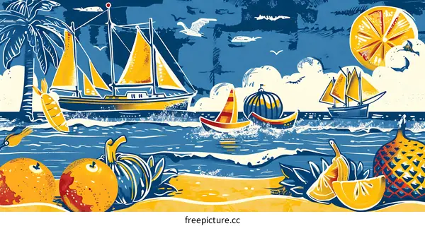 Summer Tropical Beach Illustration with Palm Trees, Boats and Fruit