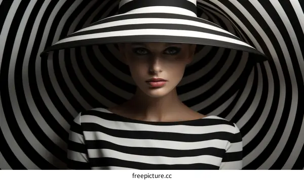 Black and white portrait of a woman wearing a large striped hat