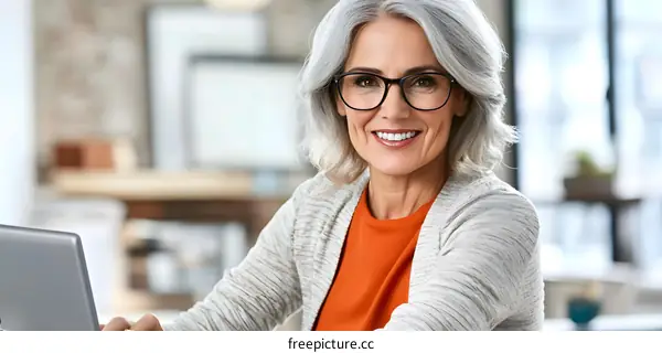 Smiling Woman Working on a Laptop in a Home Office
