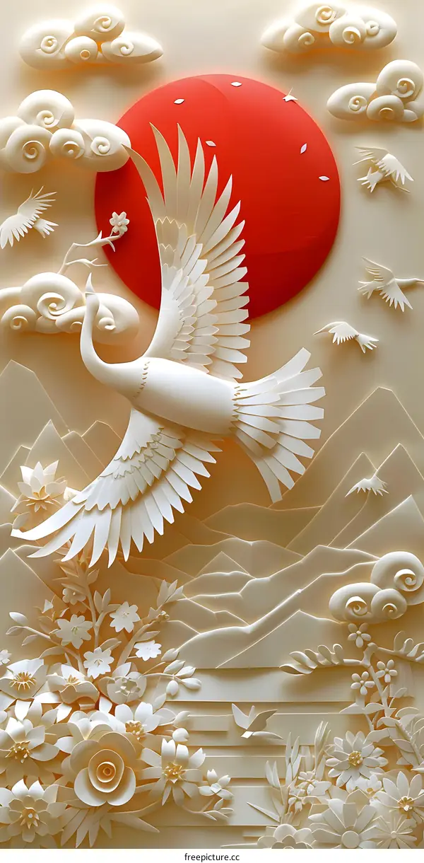 Paper Cut Crane and Sun