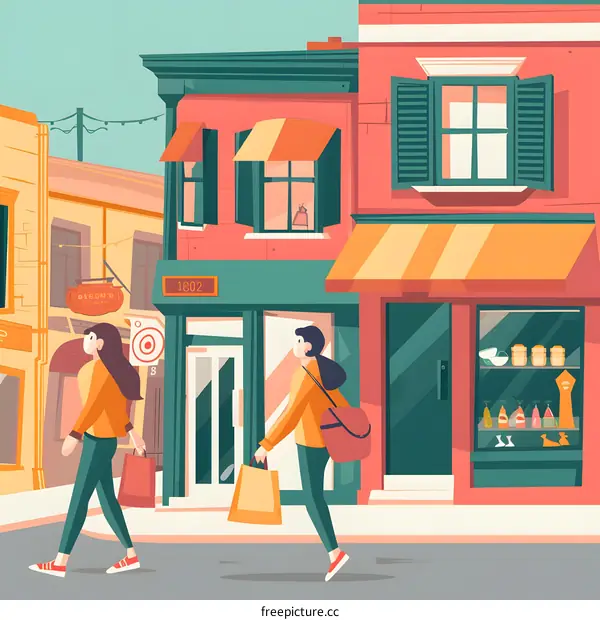 Two Women Walking on the Street in Front of a Shop with Colorful Buildings in the Background