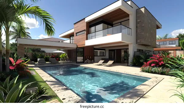 Modern House with Swimming Pool and Lush Landscaping