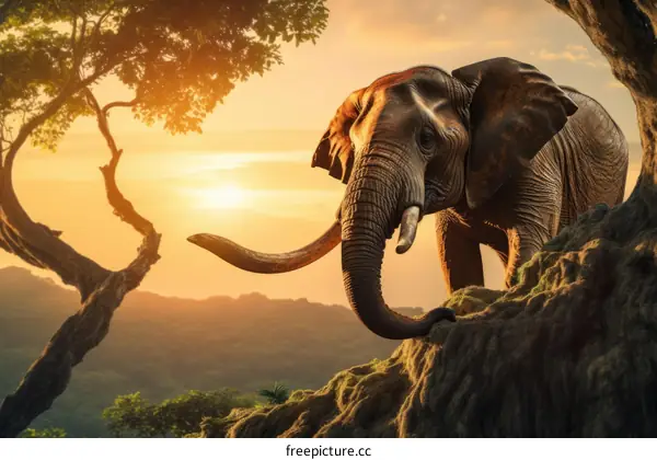 Elephant standing on a cliff in the jungle