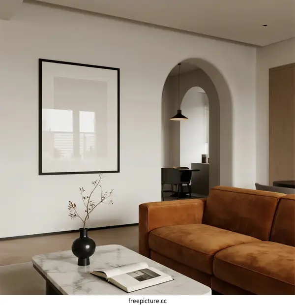 Modern Living Room with Arched Doorway and Brown Sofa
